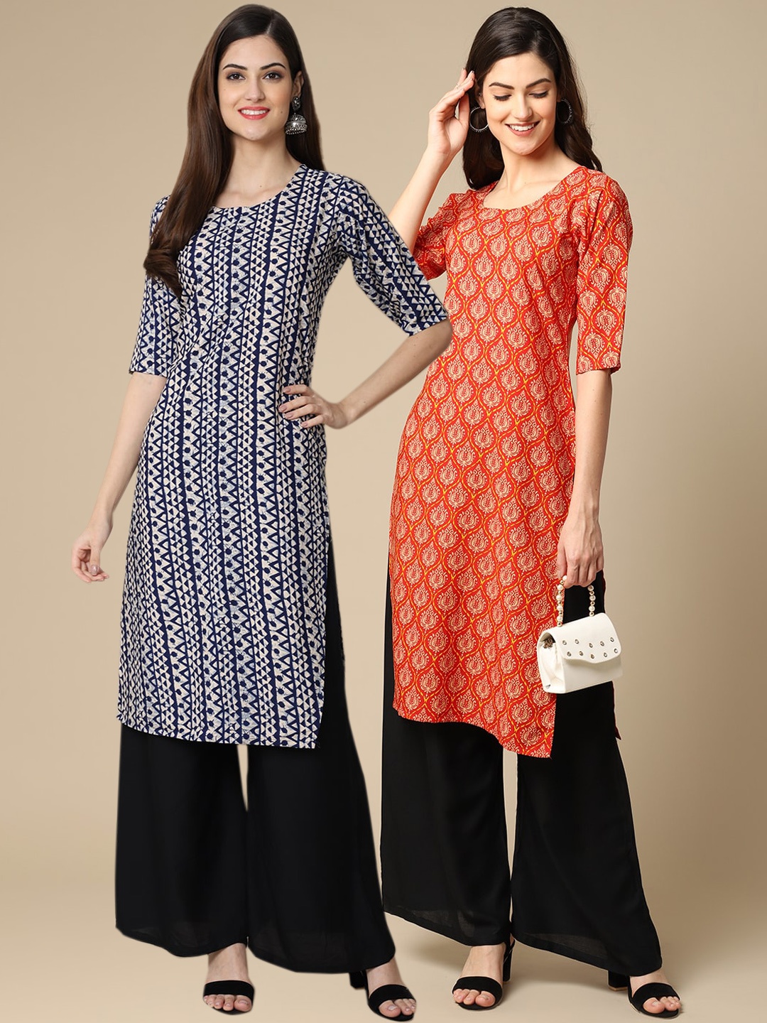 

7Threads Pack Of 2 Women Black & Orange Printed Crepe Kurta