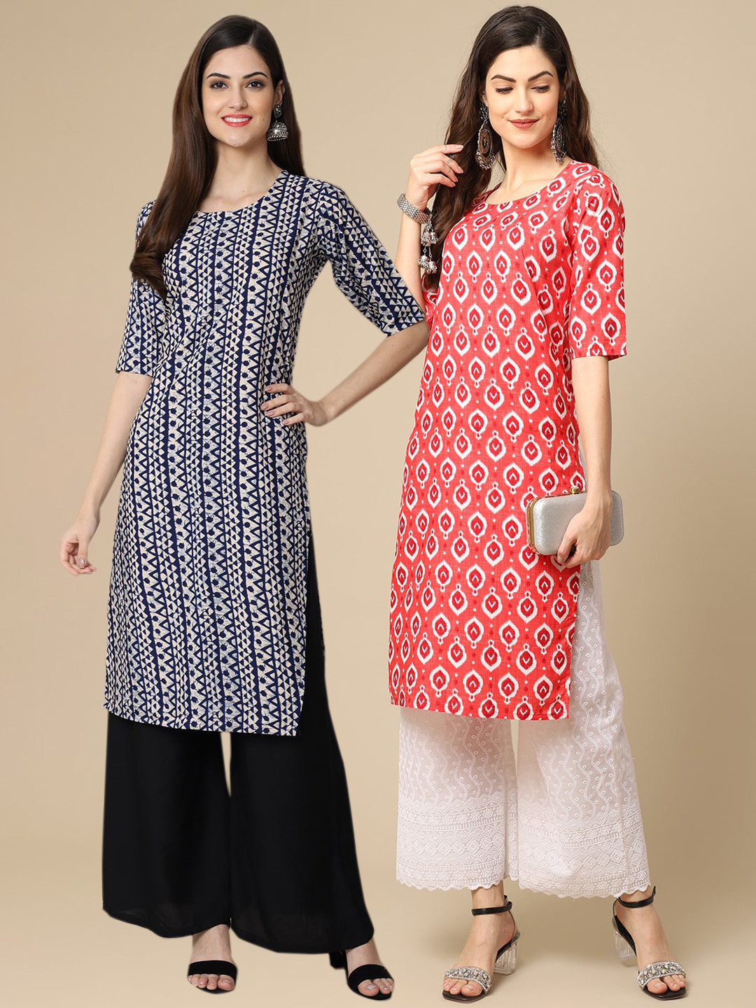 

7Threads Women Pack Of 2 Red & Black Ethnic Motifs Printed Crepe Kurta