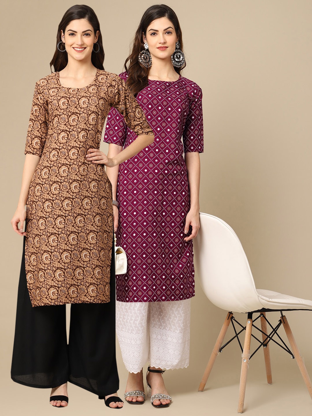 

7Threads PACK OF 2 Women Ethnic Motifs Printed Block Print Handloom Crepe Kurta, Mustard