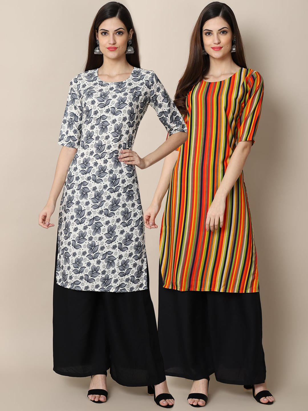 

7Threads Women Set Of 2 Orange & White Floral Printed Crepe Kurta