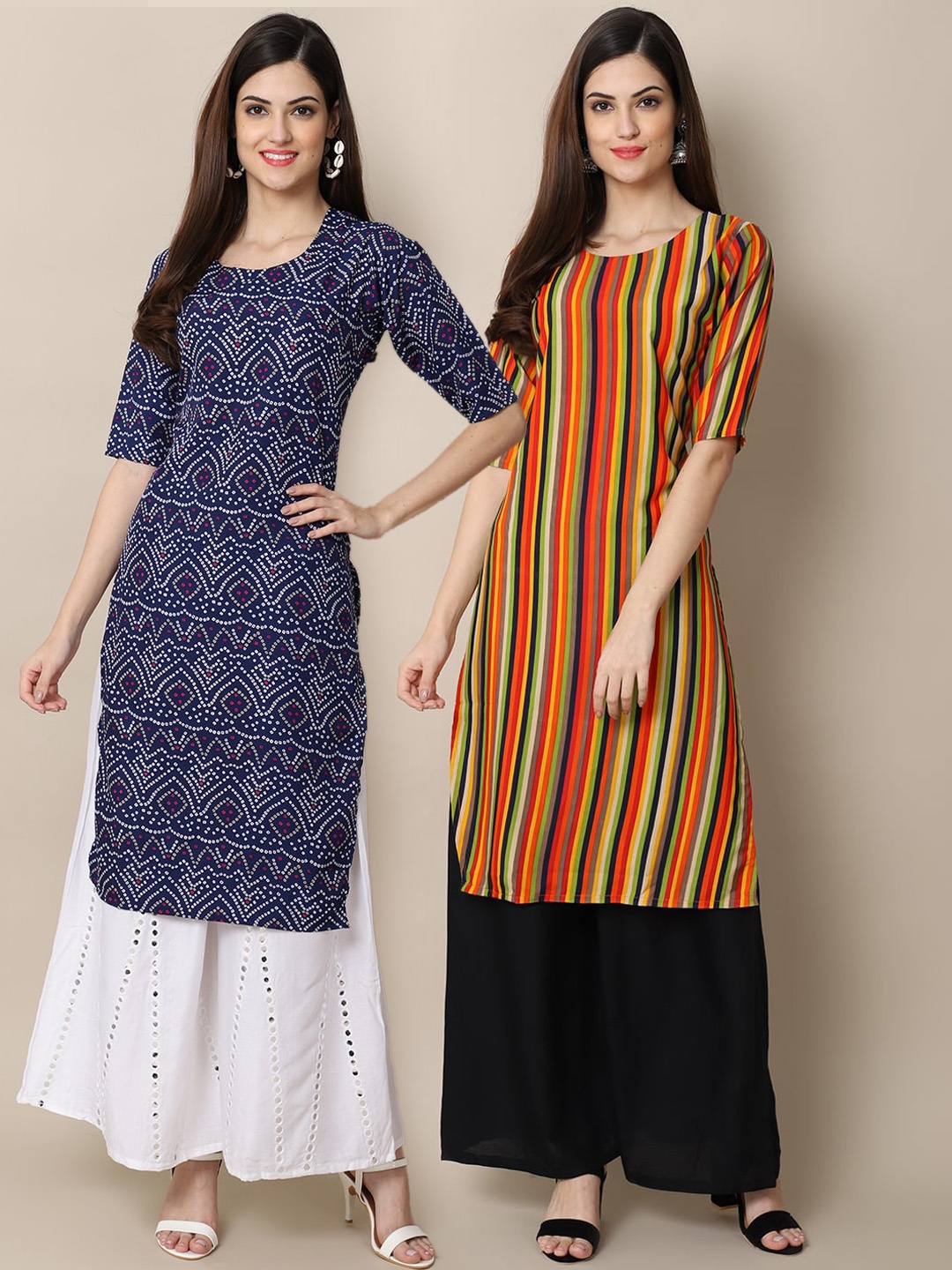 

7Threads Women Set Of 2 Orange & Blue Printed Crepe Kurta