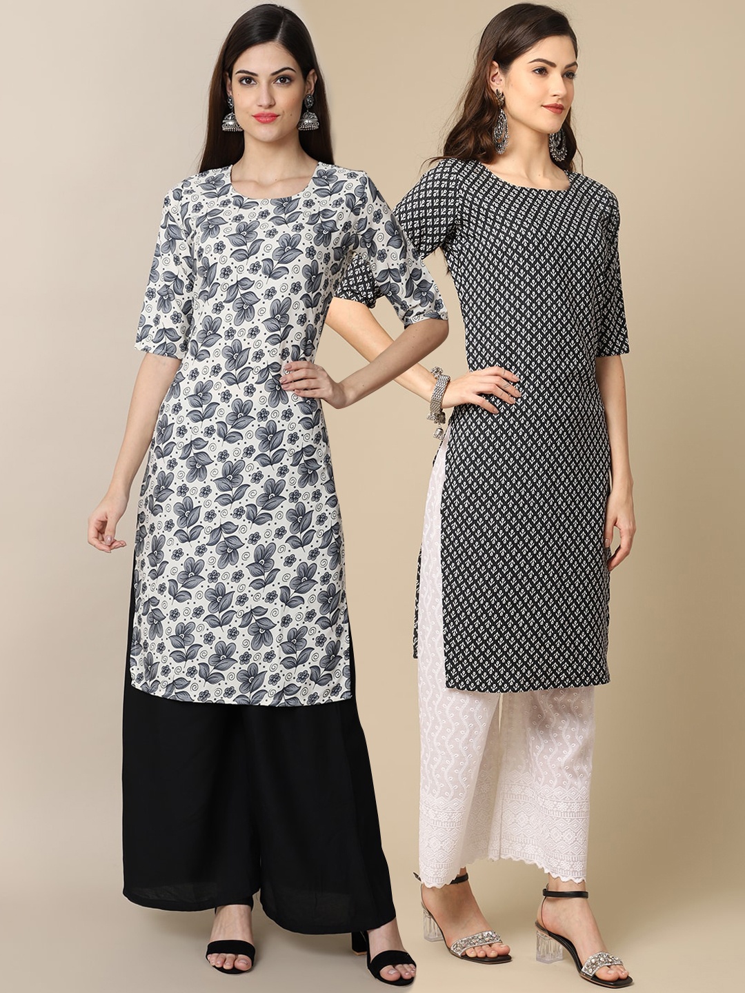 7Threads Women Pack of 2 Black & White Floral Printed Handloom Crepe Kurta