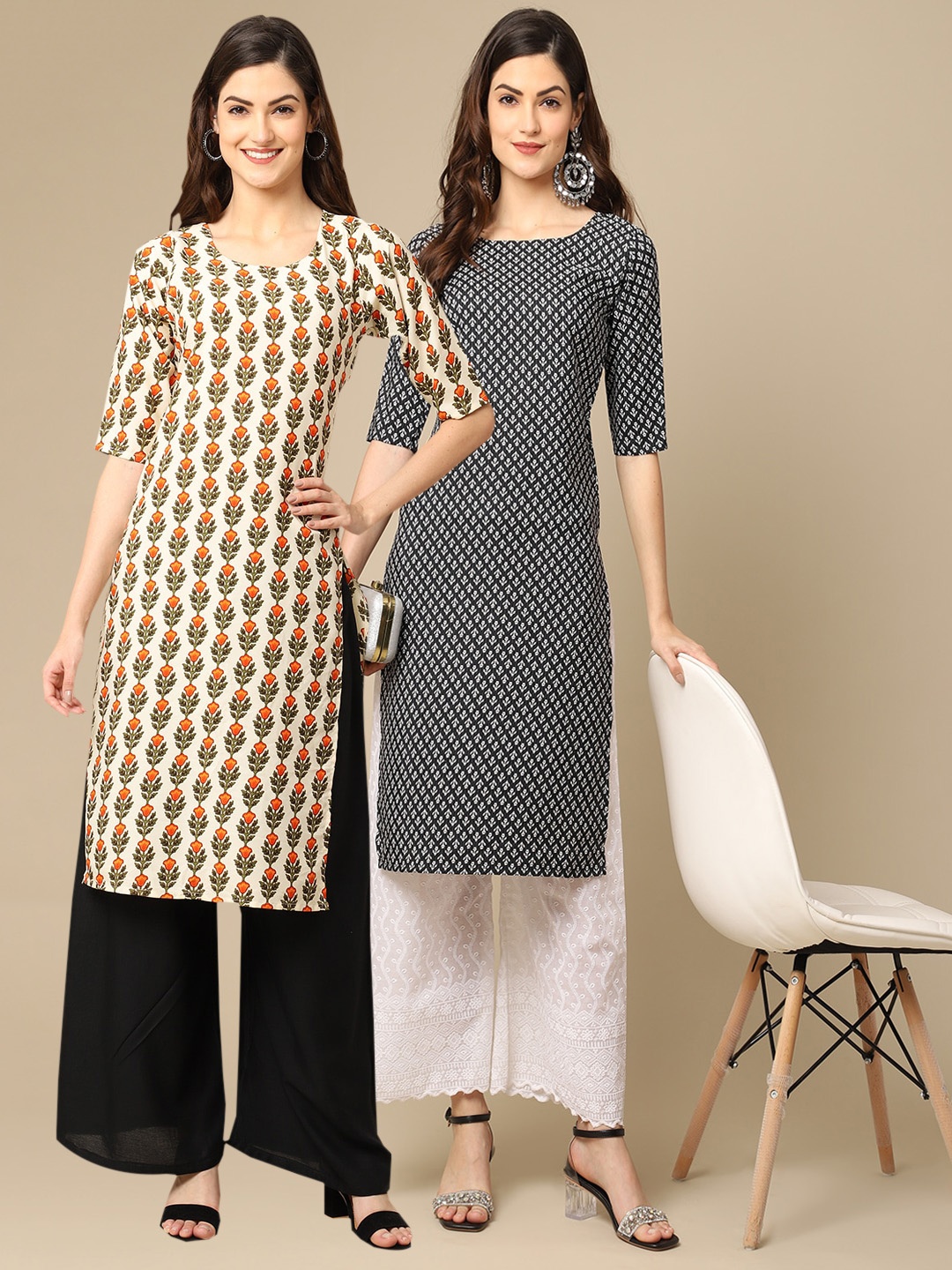 

7Threads Women Pack of 2 Ethnic Motifs Crepe Kurta, White