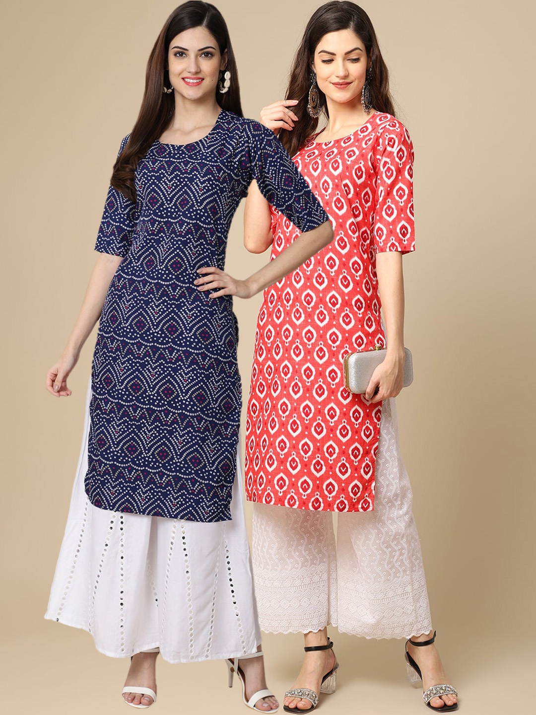 

7Threads Women Set Of 2 Blue & Peach-Coloured Ethnic Motifs Printed Crepe Kurta