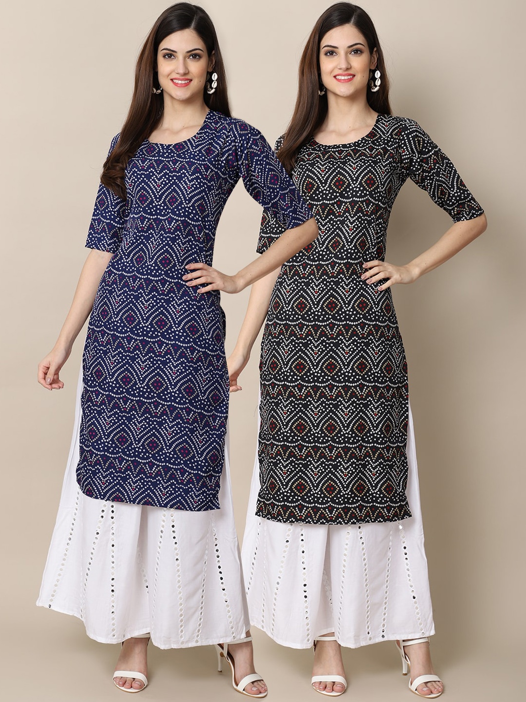 

7Threads Women Pack of 2 Navy Blue & Black Ethnic Motifs Printed Crepe Kurta