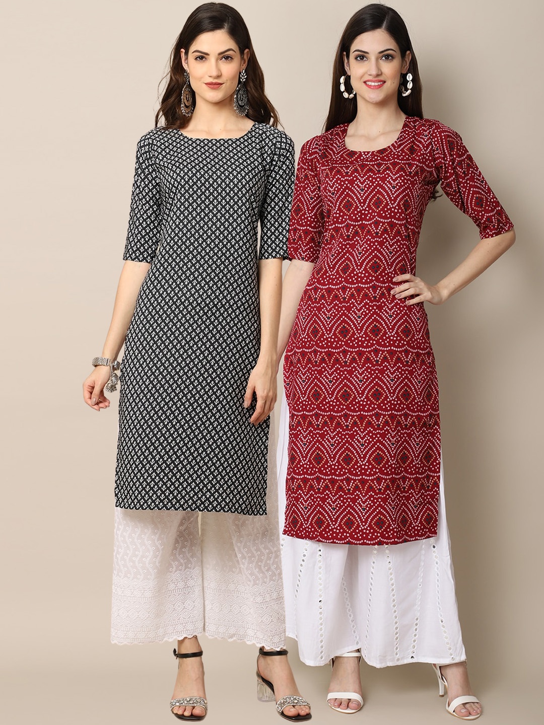 

7Threads Women Pack Of 2 Black & Red Geometric Printed Crepe Kurta