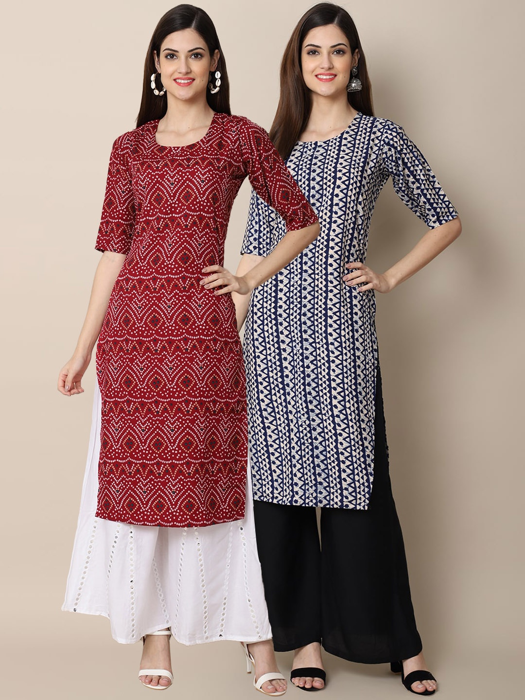 

7Threads Women Pack of 2 Red & Blue Ethnic Motifs Printed Crepe Kurta