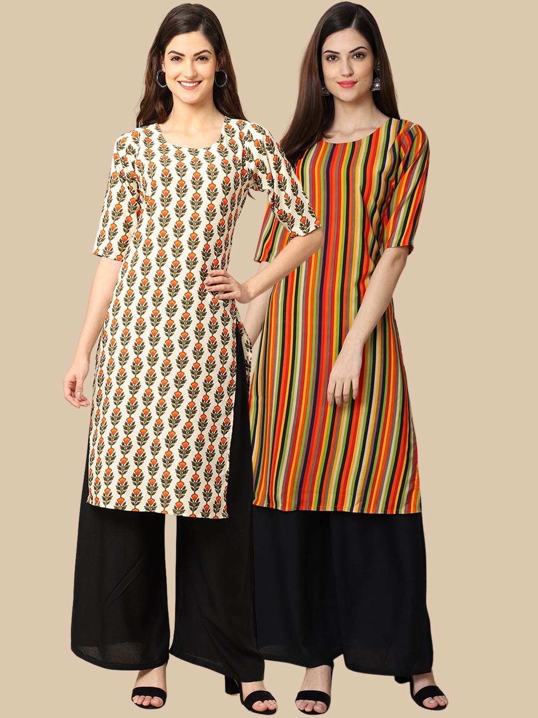 

7Threads Women Pack Of 2 Orange & White Striped Crepe Kurta