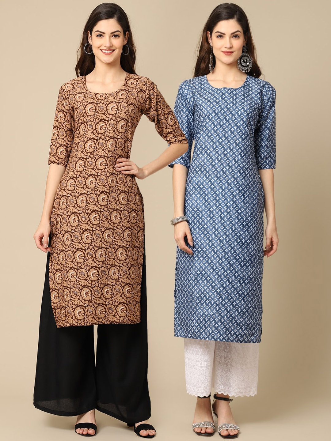 

7Threads Women Pack Of 2 Blue & Brown Ethnic Motifs Printed Block Print Crepe Kurta