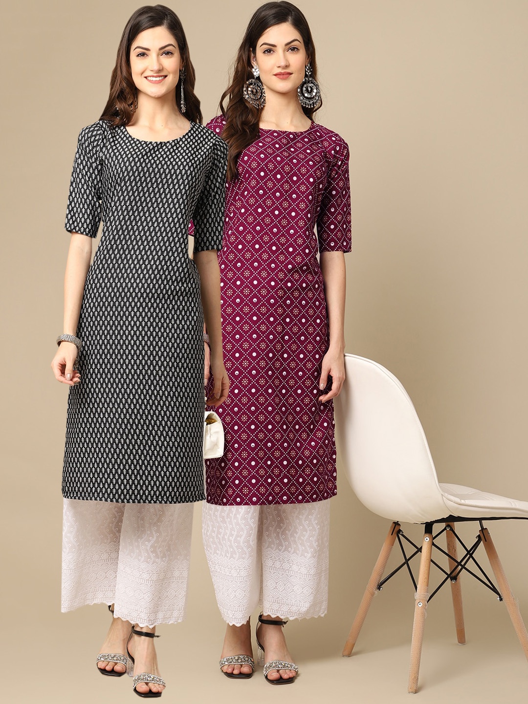 

7Threads Women Black & Purple Pack Of 2 Geometric Printed Crepe Kurta