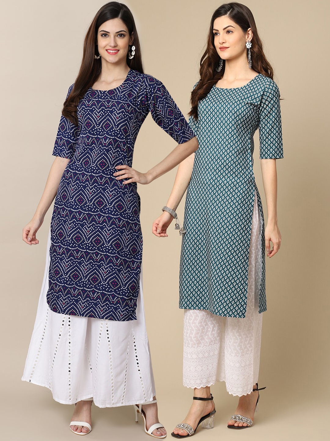 

7Threads Women Pack Of 2 Navy Blue & Green Geometric Printed Block Print Crepe Kurtas