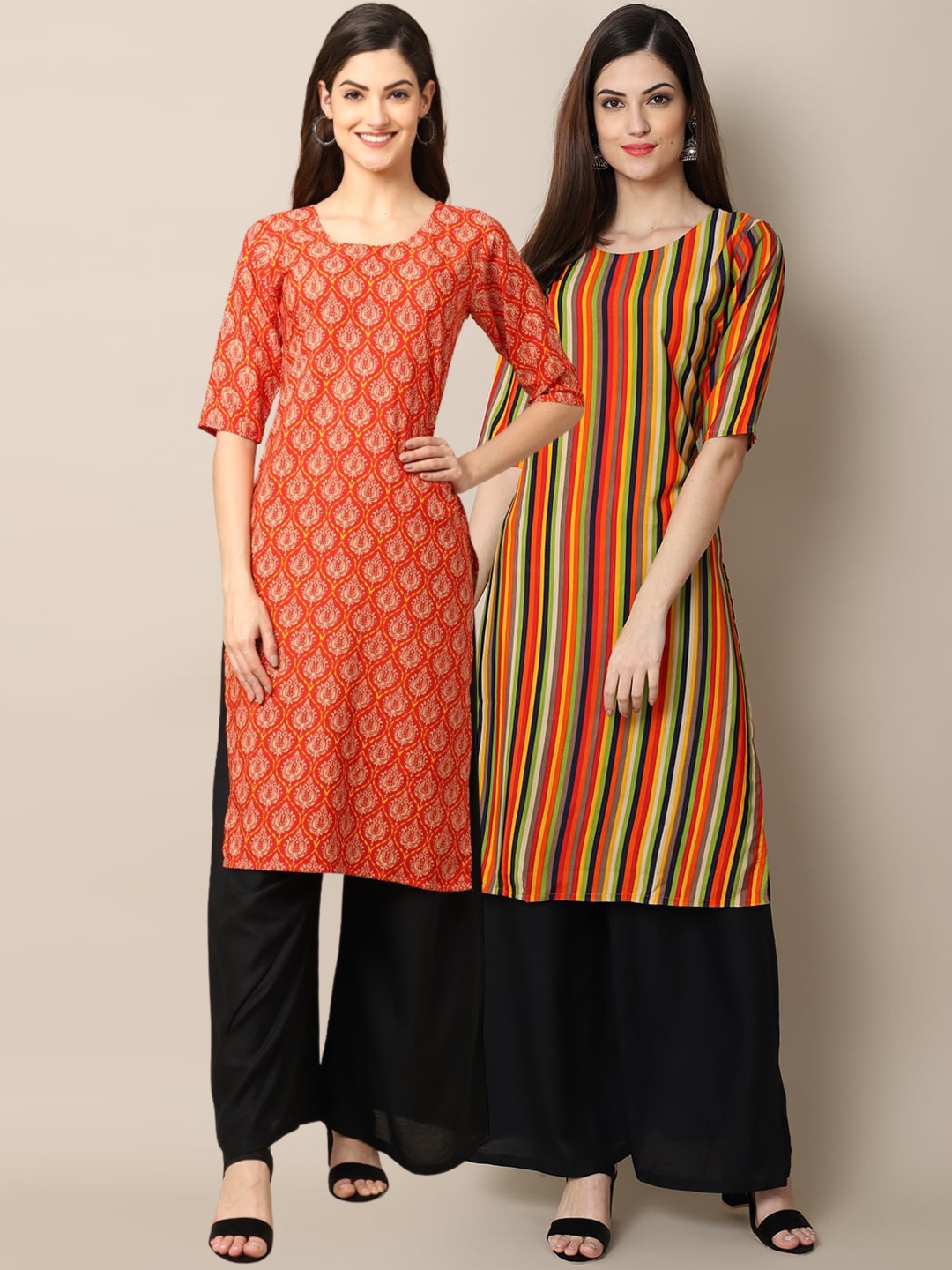 

7Threads Women Orange & Yellow Striped Handloom Crepe Kurta