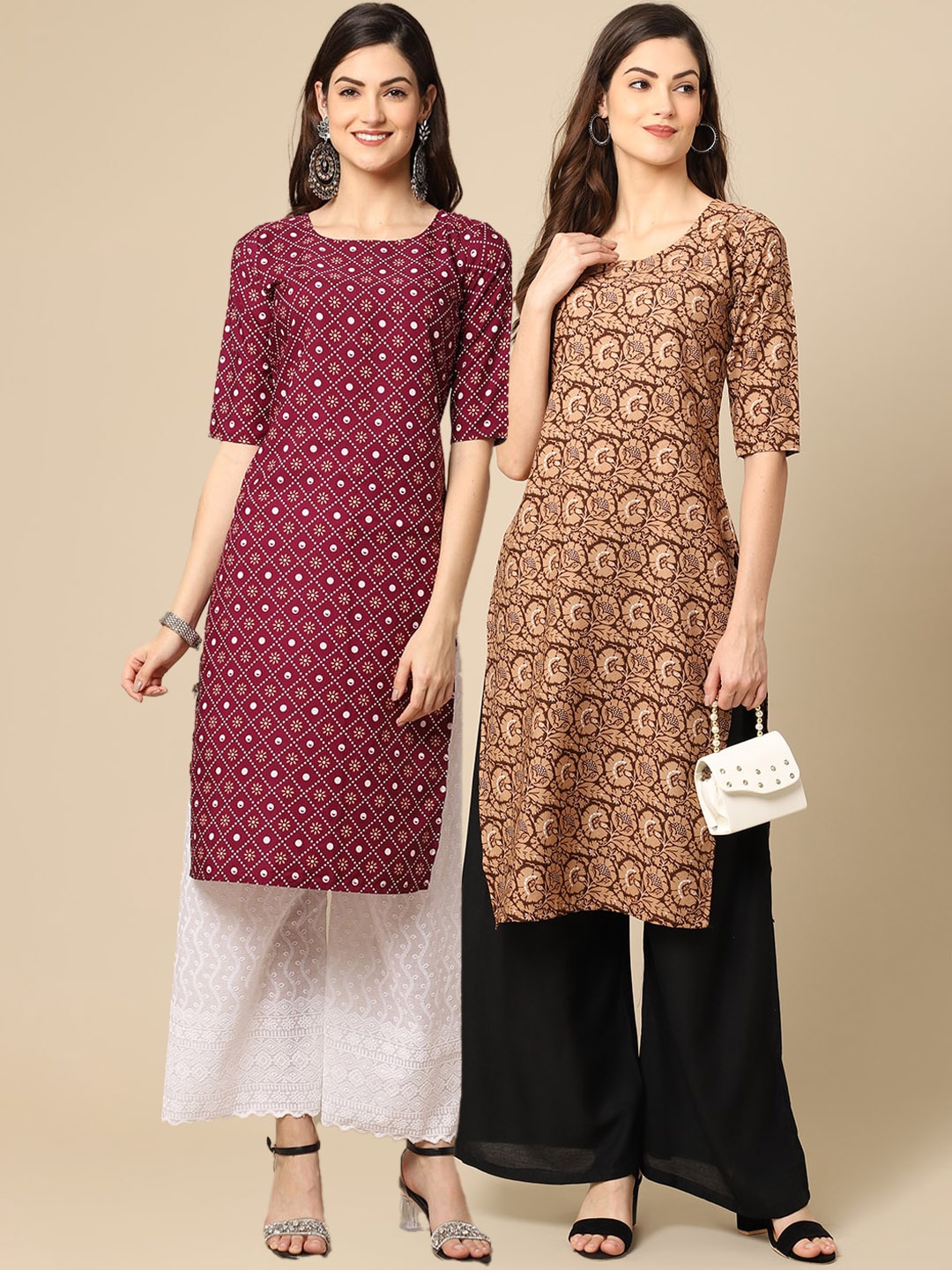 

7Threads Women Pack Of 2 Maroon & Brown Geometric Printed Crepe Kurta