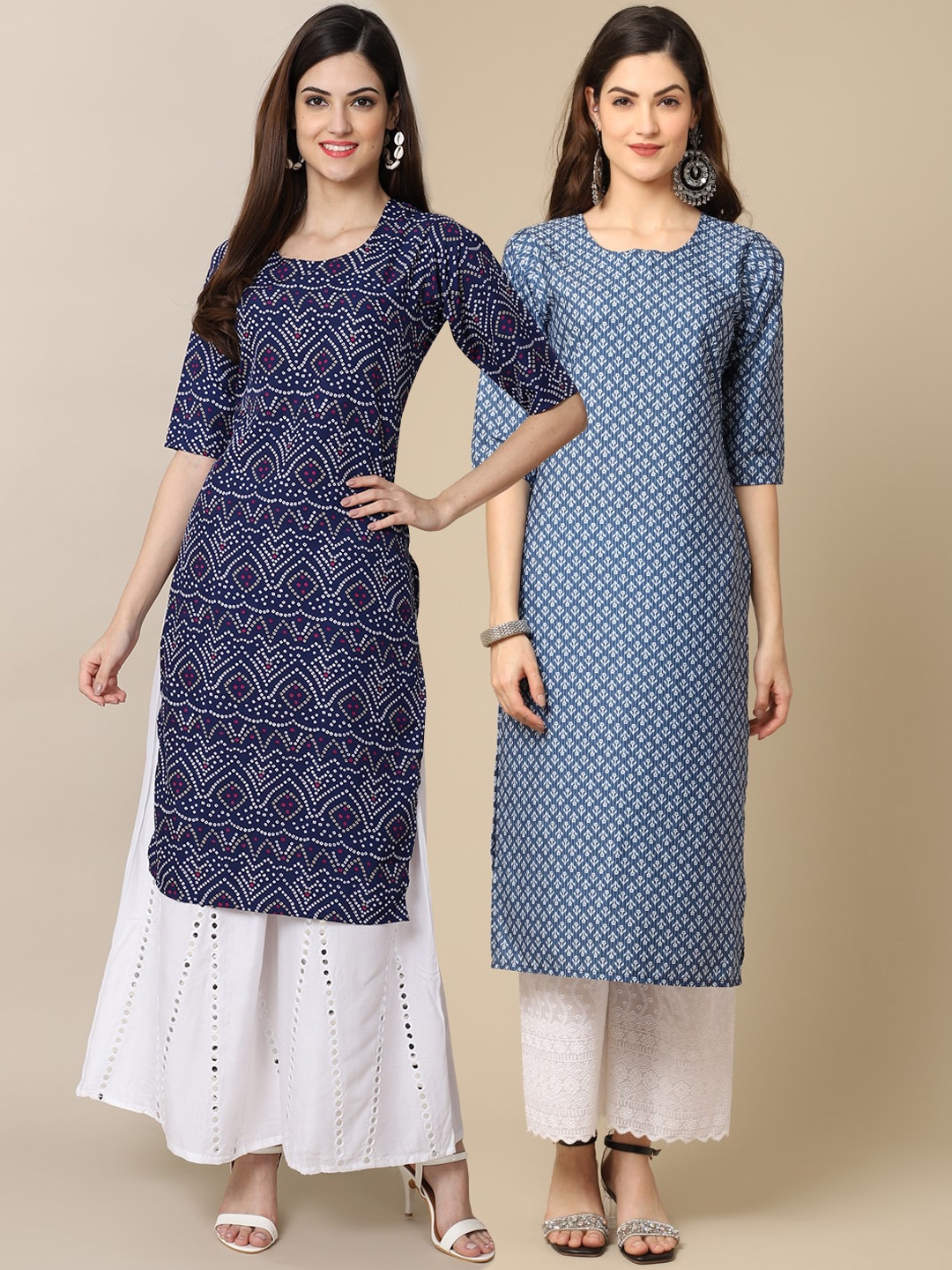 

7Threads Women Pack of 2 Blue & White Digital Printed Crepe Straight Kurtas