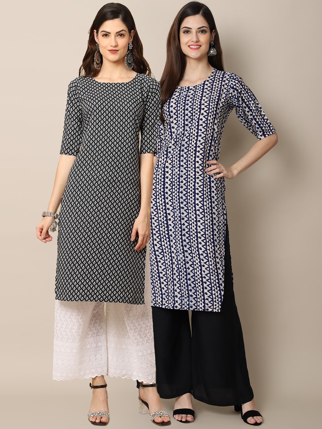 

7Threads Pack Of 2 Women Black & White Printed Crepe Kurta