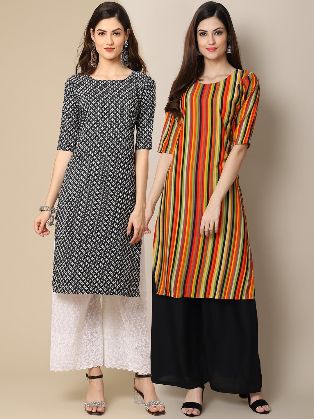 

7Threads Women Black & Red Pack Of 2 Geometric Printed Crepe Kurta
