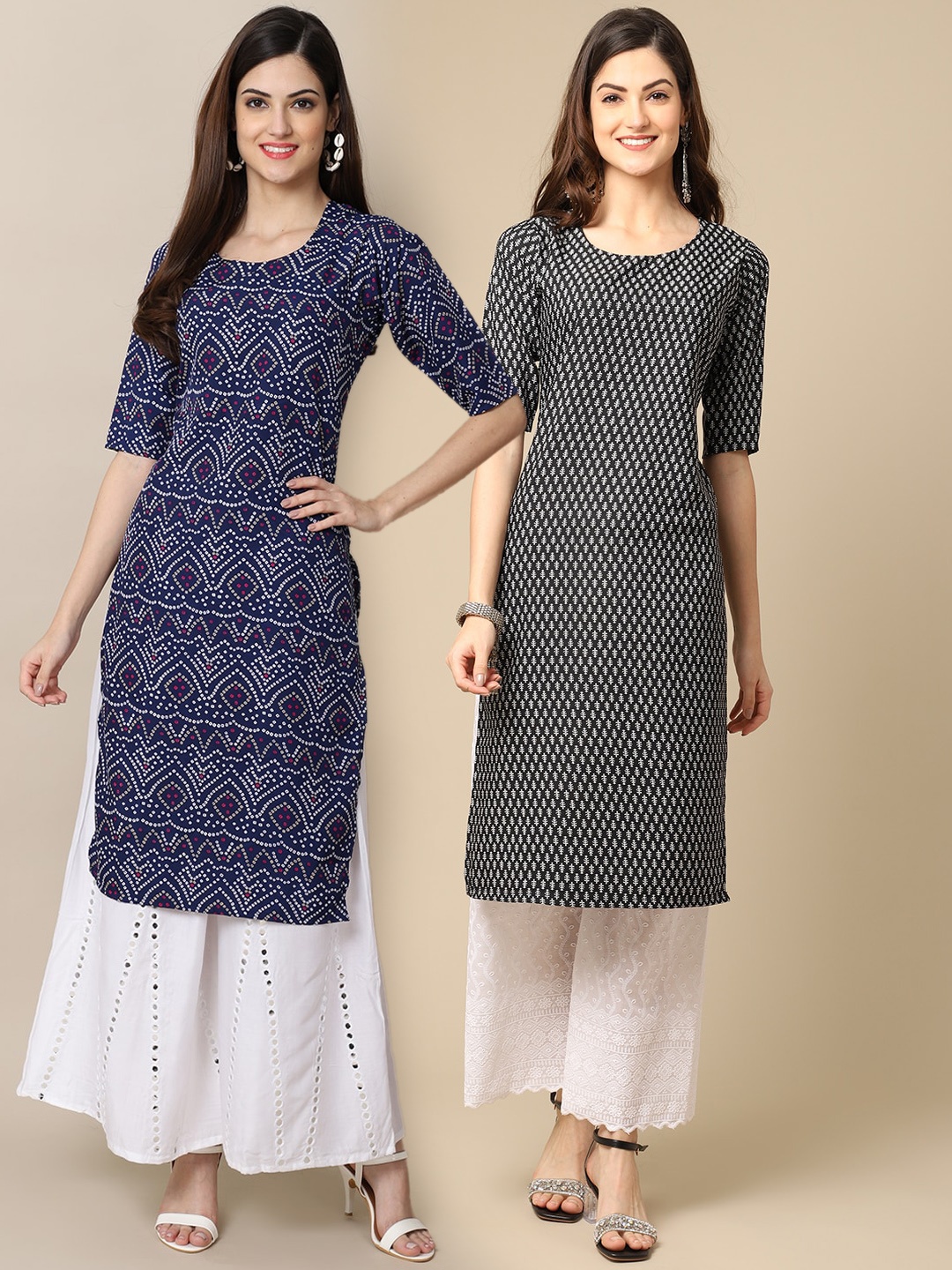 

7Threads Women Pack Of 2 Blue & Black Ethnic Motifs Printed Block Print Crepe Kurta