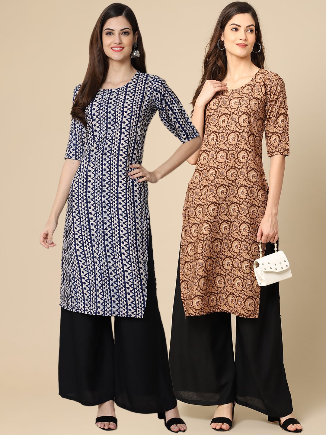 

7Threads Women Pack Of 2 Blue & Brown Tribal Printed Block Print Crepe Kurta