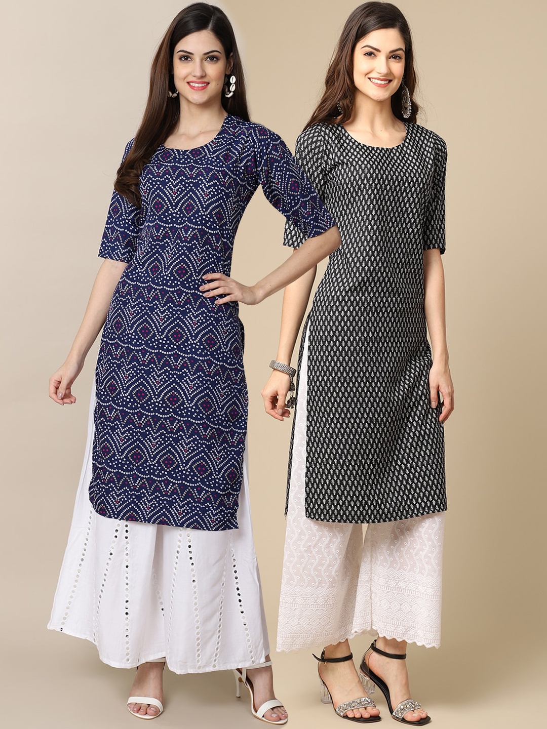 

7Threads Women Pack of 2 Blue & Black Geometric Printed Crepe Kurta