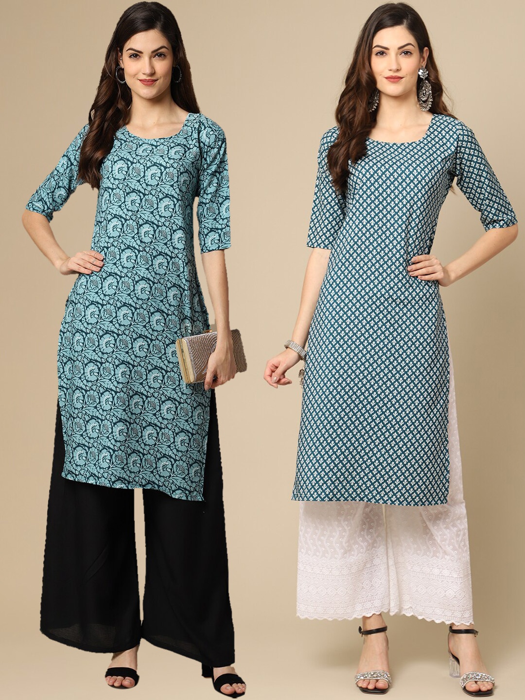 

7Threads Women Pack Of 2 Paisley Geometric Block Print Crepe Kurta, Blue