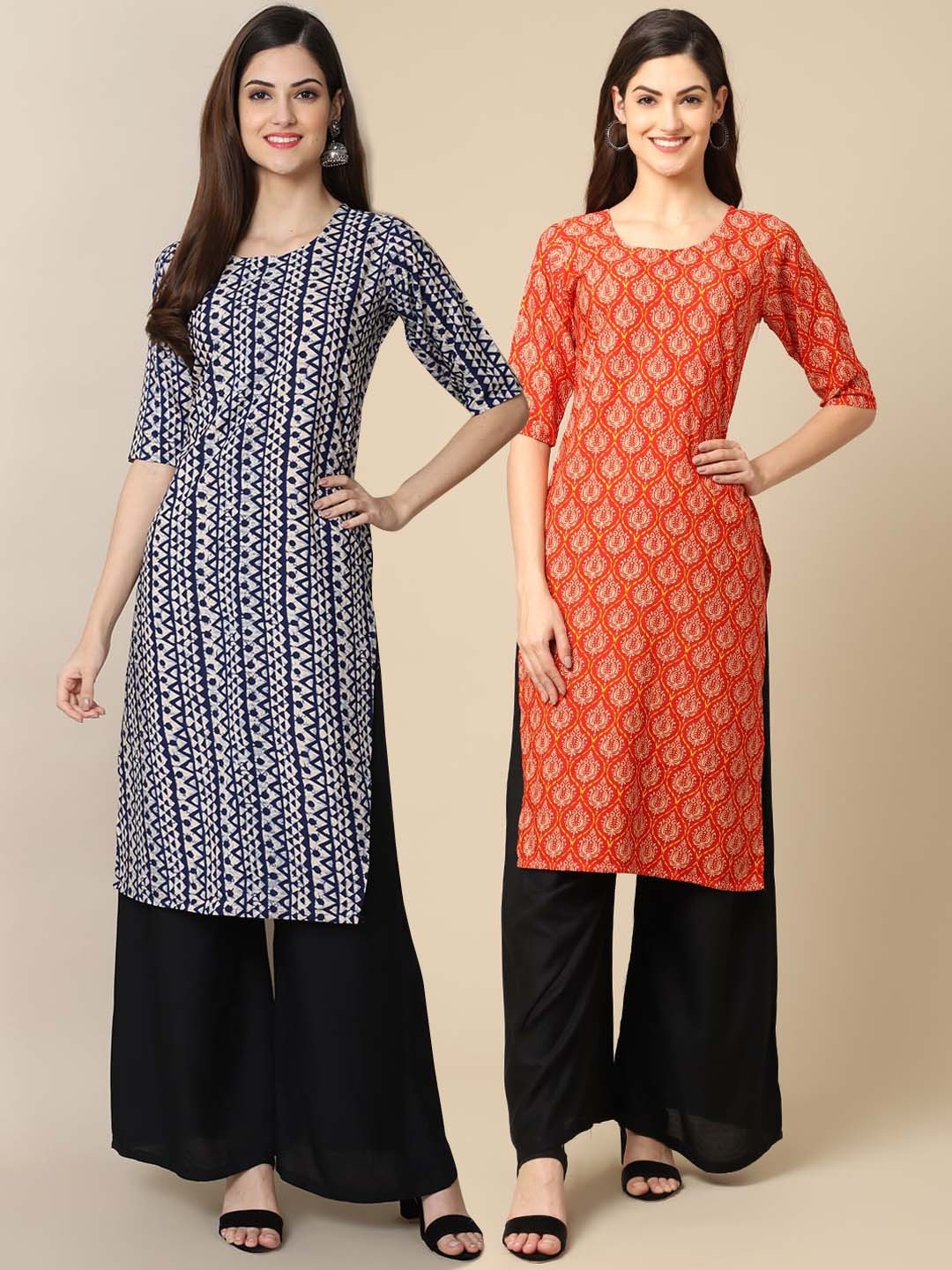 

7Threads Women Set Of 2 Blue & Orange Ethnic Motifs Printed Crepe Kurta