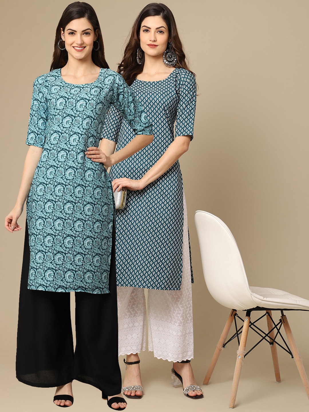 

7Threads Women Pack Of 2 Blue & Green Ethnic Motifs Printed Block Print Crepe Kurta