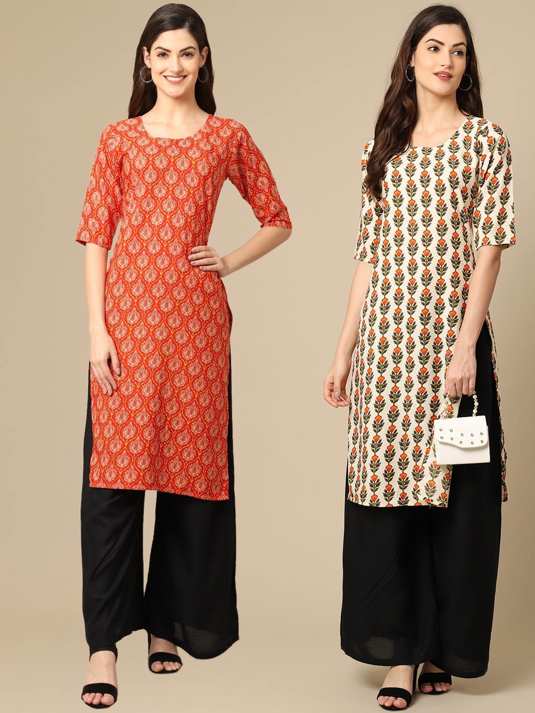 

7Threads Women Beige & Red Floral Printed Block Print Handloom Crepe Kurta