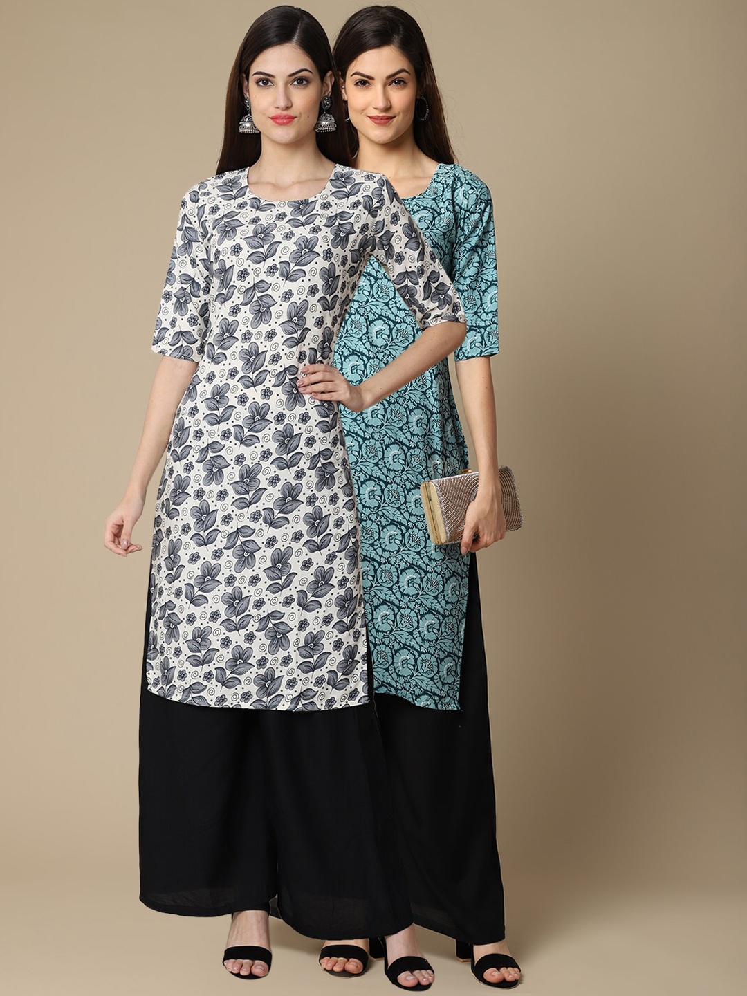 

7Threads Women Pack Of 2 White & Blue Floral Printed Block Print Crepe Kurta