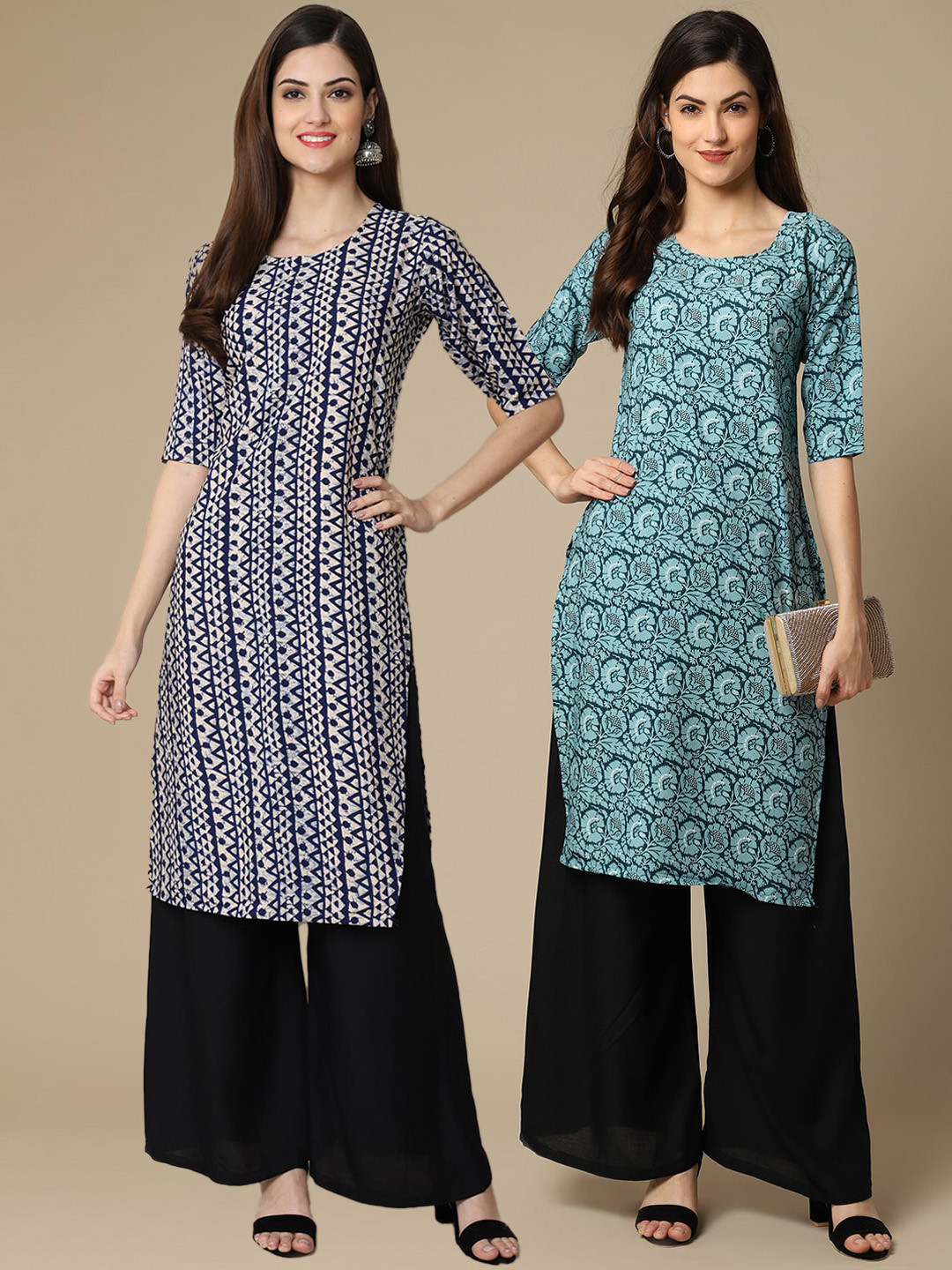 

7Threads Pack Of 2 Women Black & Blue Printed Crepe Kurta