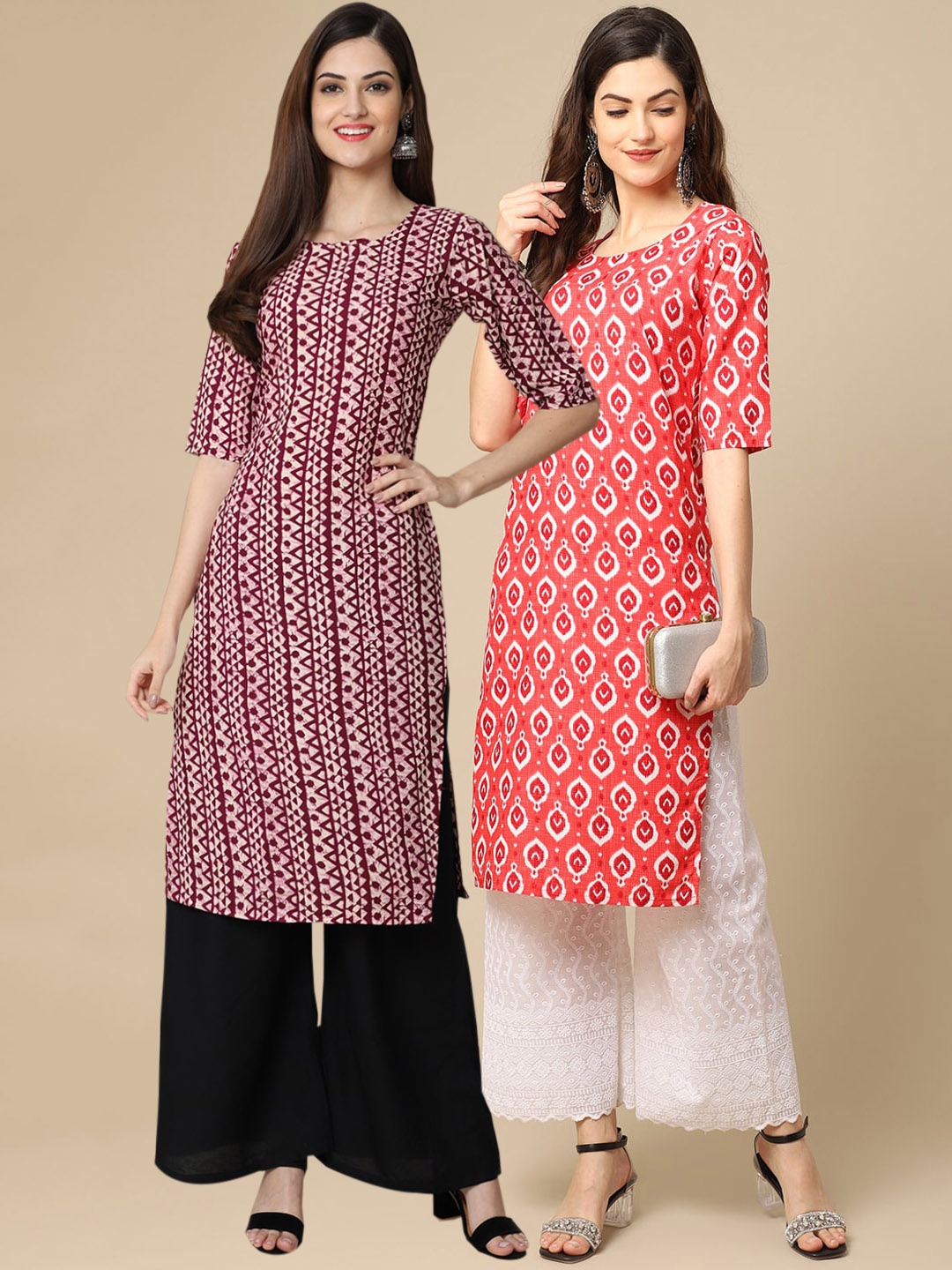 

7Threads Women Pack of 2 Red & Orange Geometric Printed Crepe Kurta