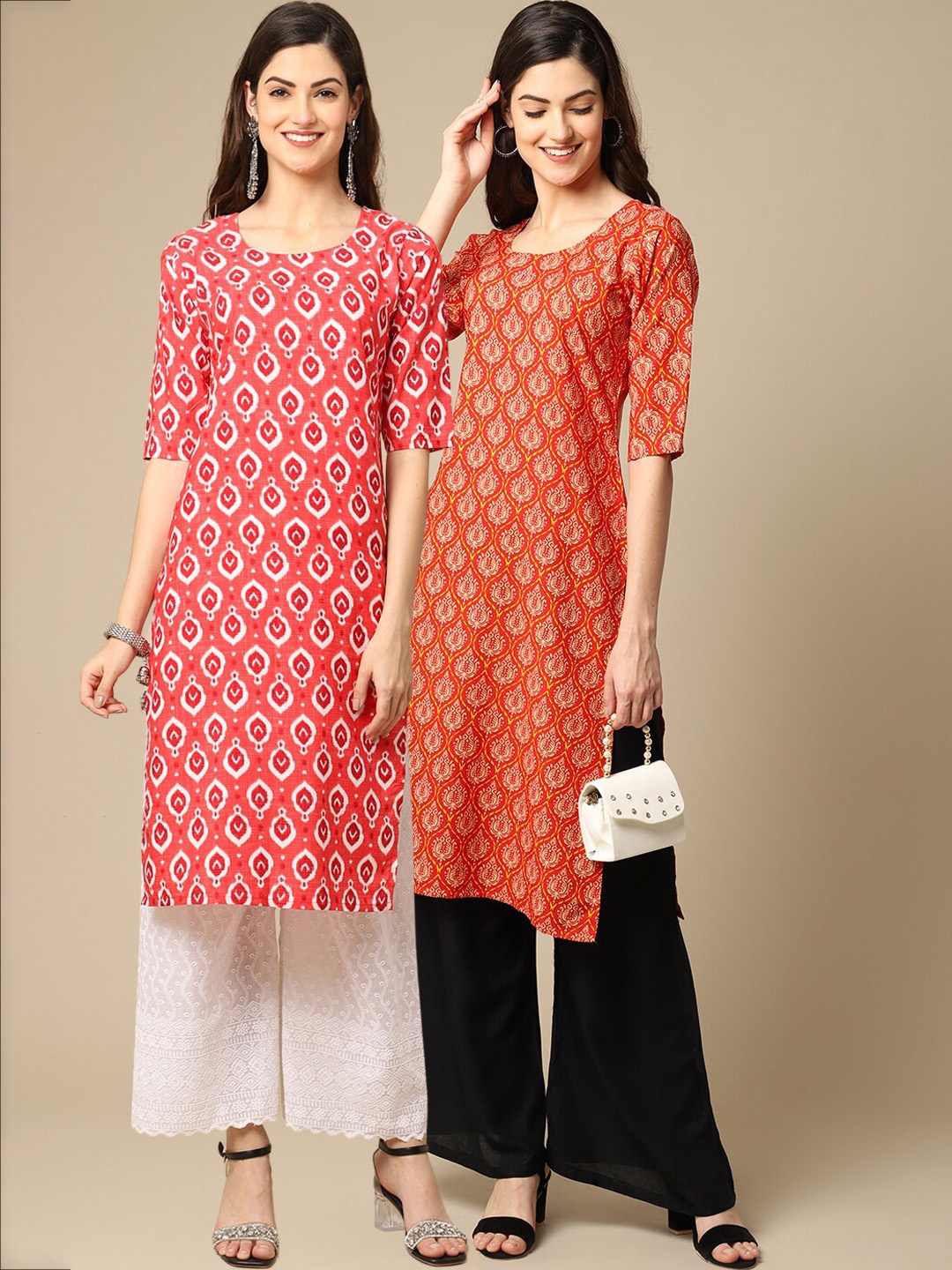 

7Threads Women Pink & Red Pack Of 2 Geometric Printed Crepe Kurta