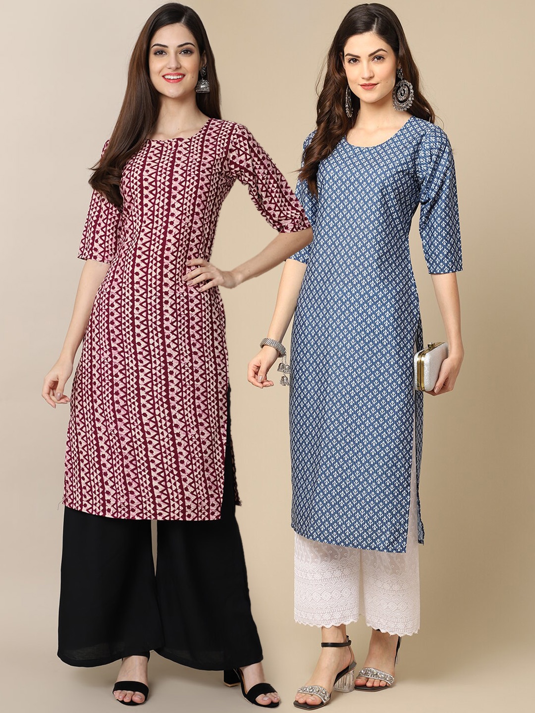 

7Threads Women Maroon and Blue Geometric Printed Crepe Pack o 2 Kurta