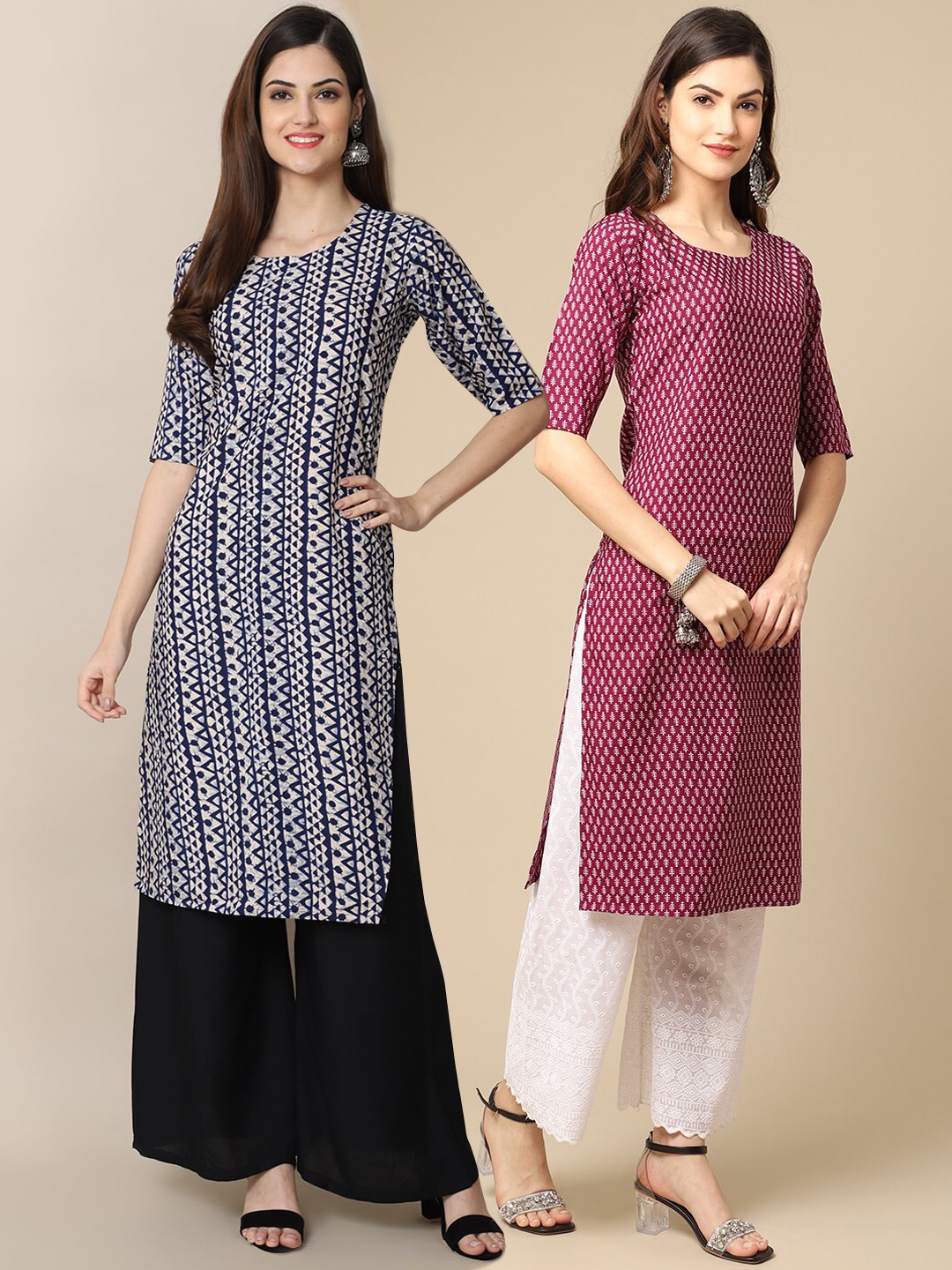 

7Threads Women Pack Of 2 Black & Burgundy Geometric Printed Crepe Kurta