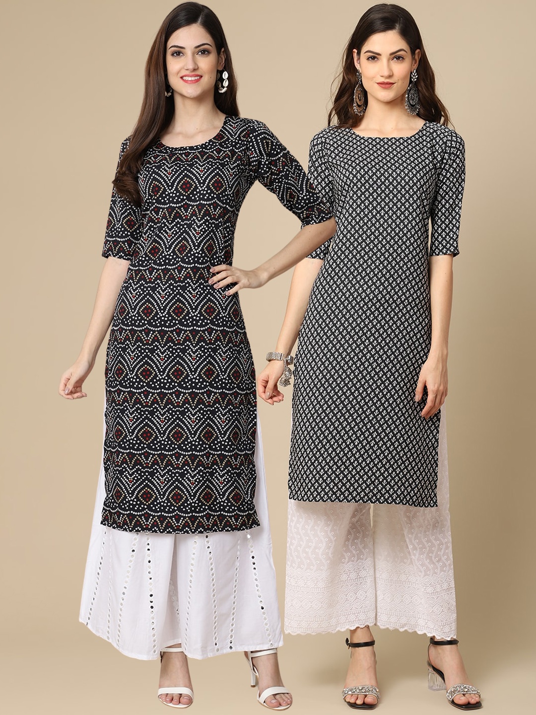

7Threads Women Pack Of 2 Black & White Printed Crepe Kurta