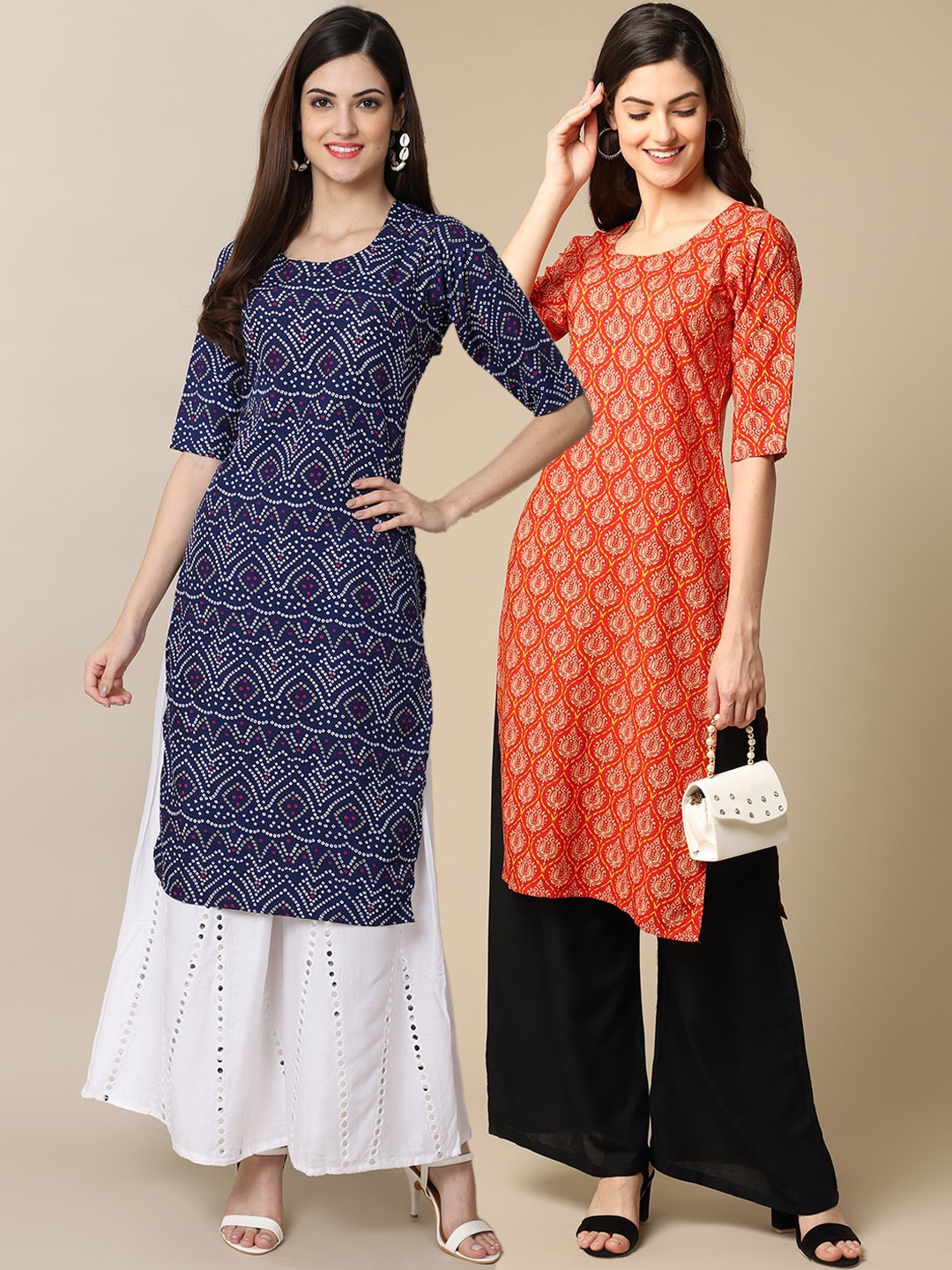 

7Threads Women Pack Of 2 Geometric Printed Block Print Handloom Crepe Kurta, Multi