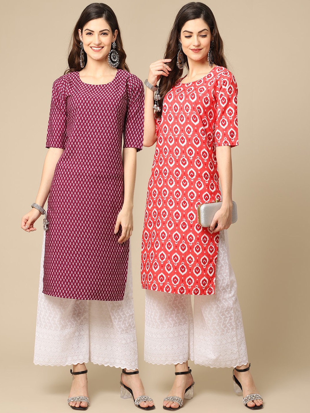 

7Threads Set of 2 Women Printed Block Print Handloom Crepe Straight Kurta, Red
