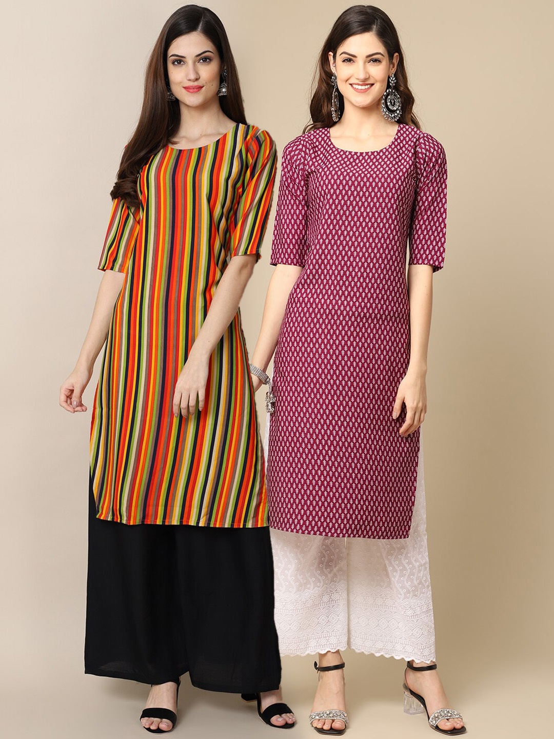 

7Threads Women Pack Of 2 Purple & Orange Geometric Striped Crepe Kurta