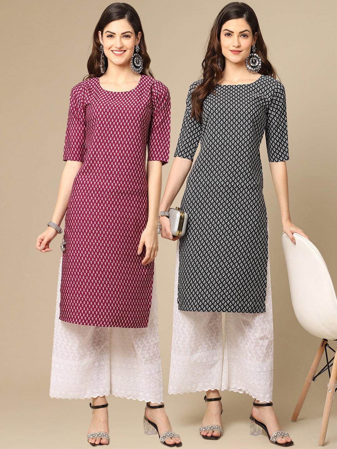 

7Threads Women Multicoloured Pack Of 2 Geometric Block Print Crepe Kurta, Multi
