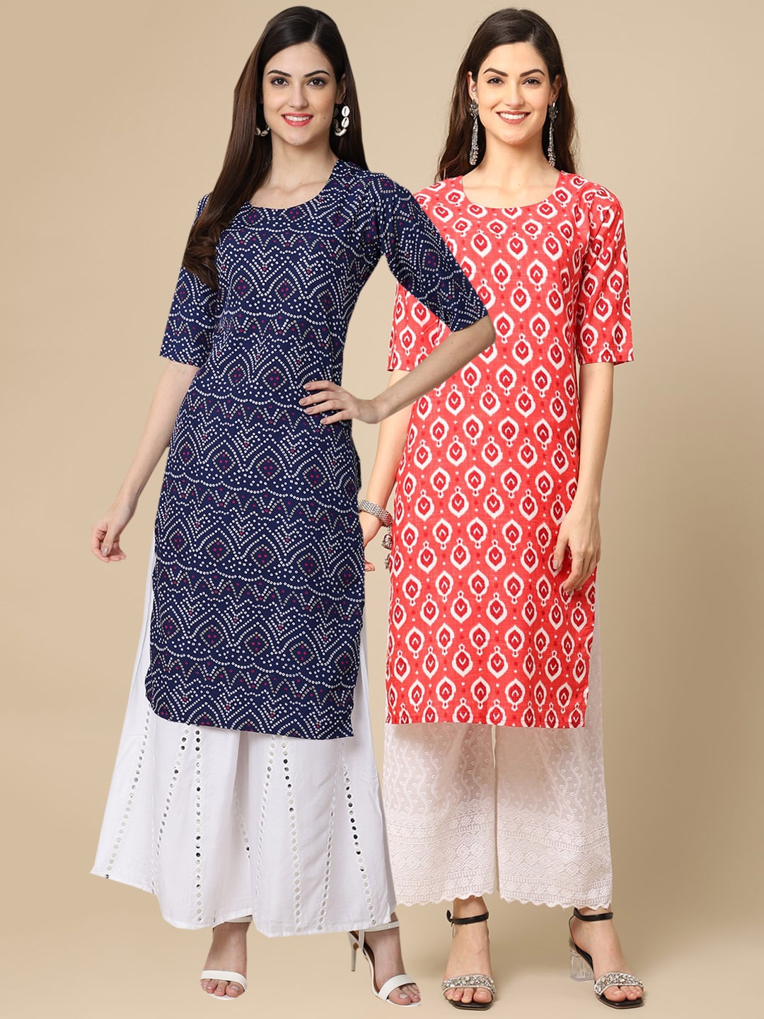 

7Threads Women Pack of 2 Blue & Coral Geometric Printed Crepe Kurta