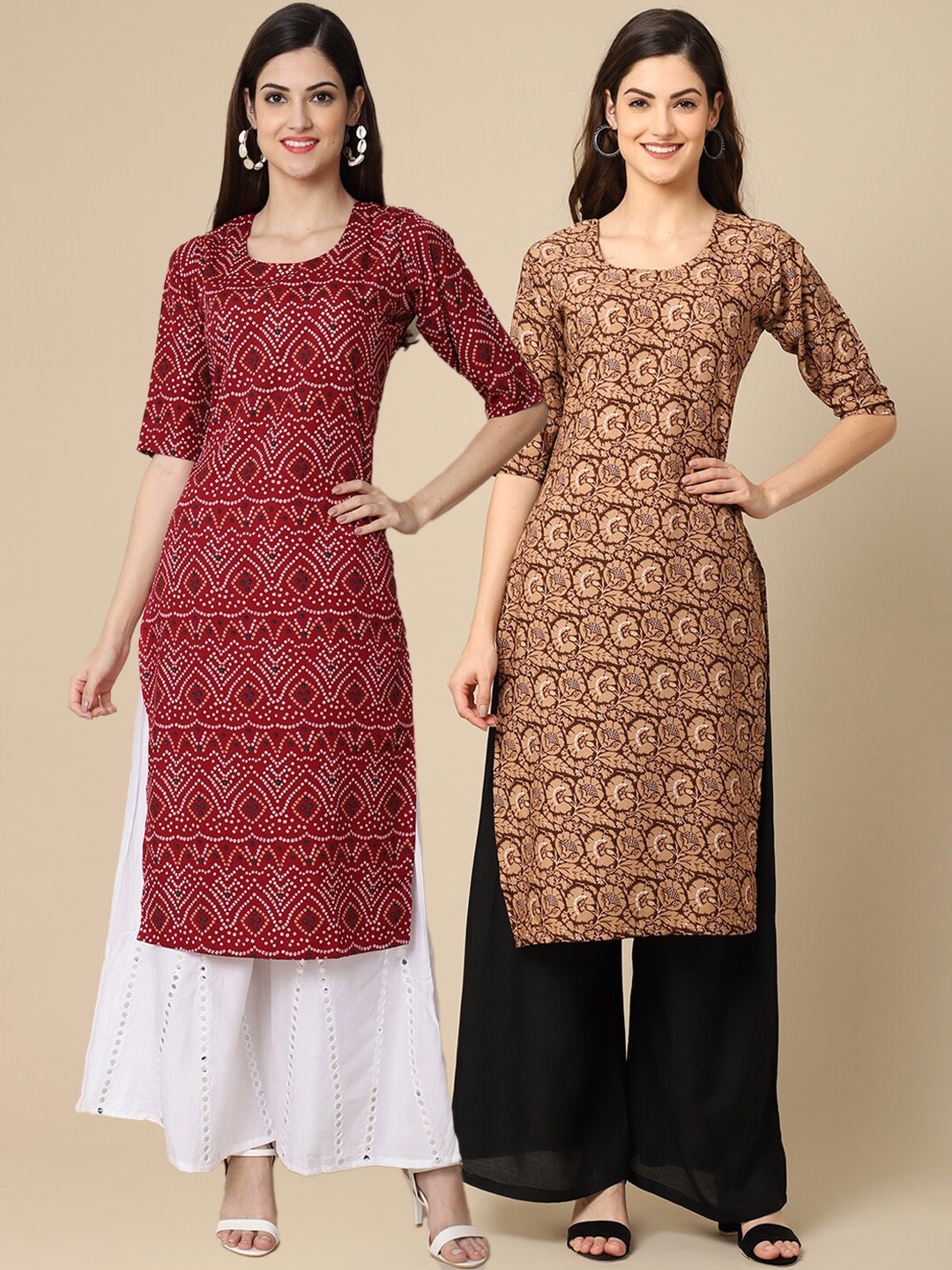 

7Threads Women Pack Of 2 Maroon & Brown Ethnic Motifs Printed Block Print Crepe Kurta