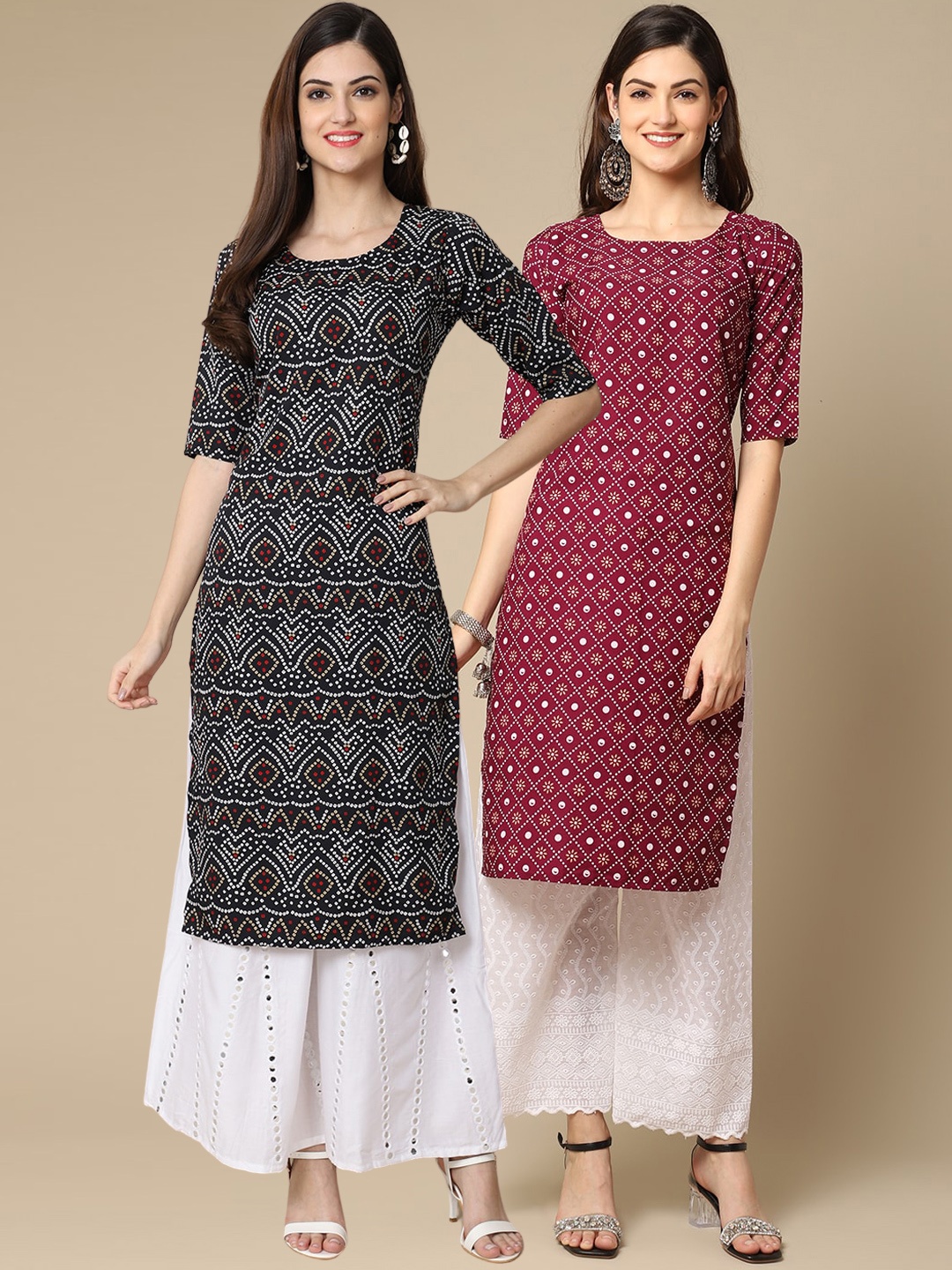 

7Threads Women Pack Of 2 Black & Maroon Ethnic Motifs Printed Crepe Kurta