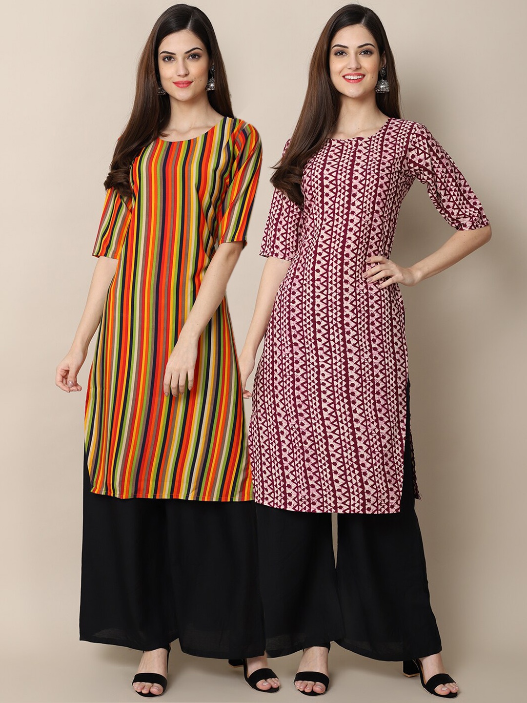 

7Threads Women Pack of 2 Orange & Maroon Printed Crepe Kurta