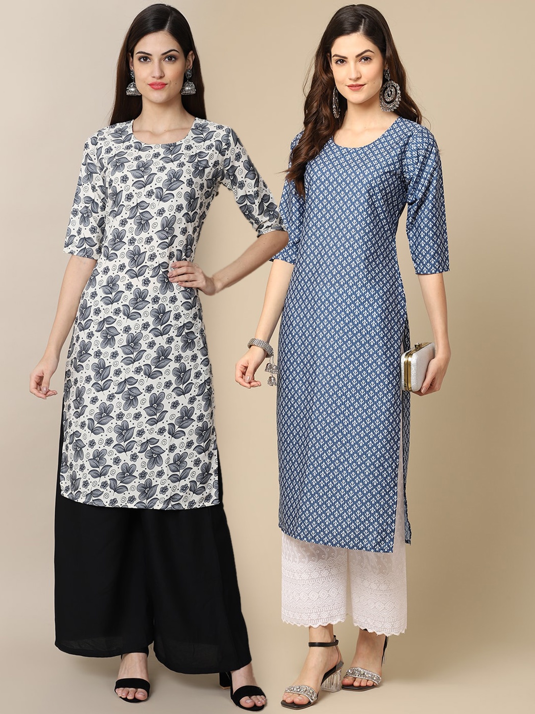 

7Threads Women Pack Of 2 Blue & White Floral Printed Block Print Crepe Kurta