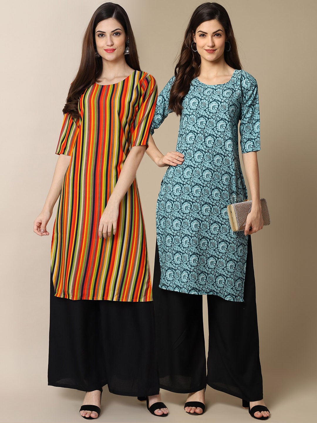 

7Threads Women Pack Of 2 Orange & Blue Striped Block Print Crepe Kurta