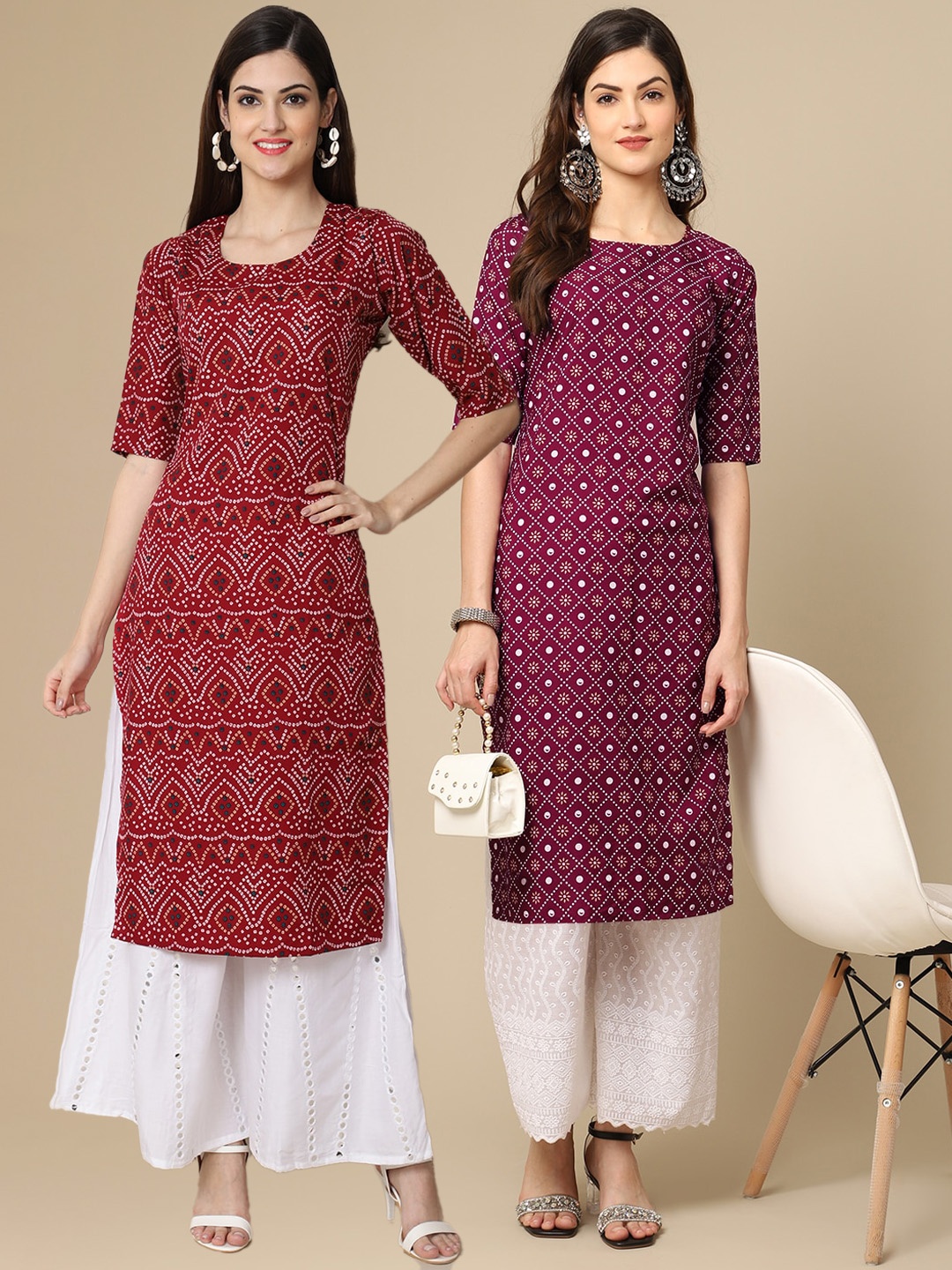 

7Threads Women Maroon & Purple Ethnic Motifs Printed Crepe Pack of 2 Kurta