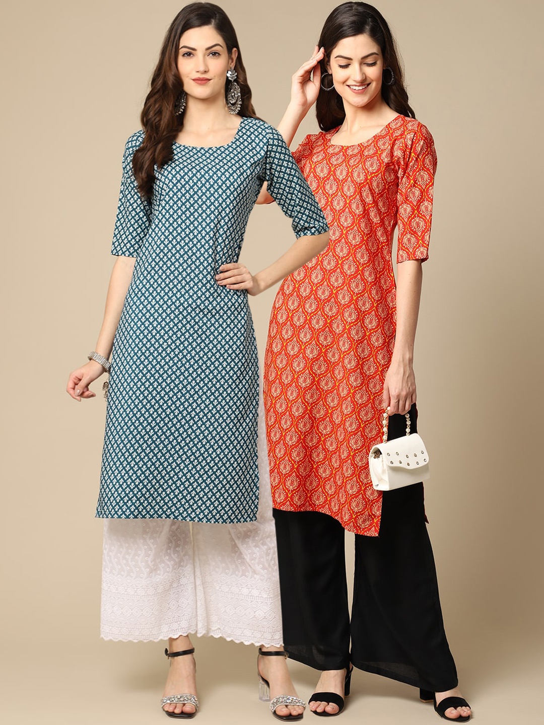 

7Threads Women Pack of 2 Blue & Red Floral Print Crepe Kurta