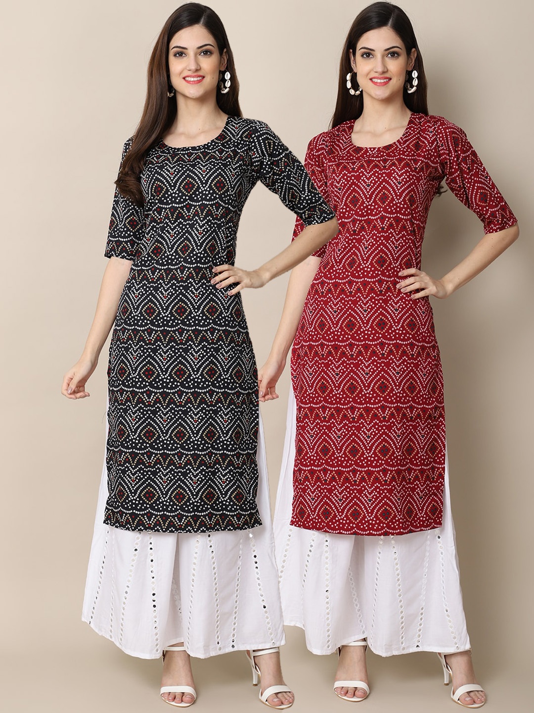 

7Threads PACK OF 2 Women Ethnic Motifs Printed Block Print Handloom Crepe Kurta, Black