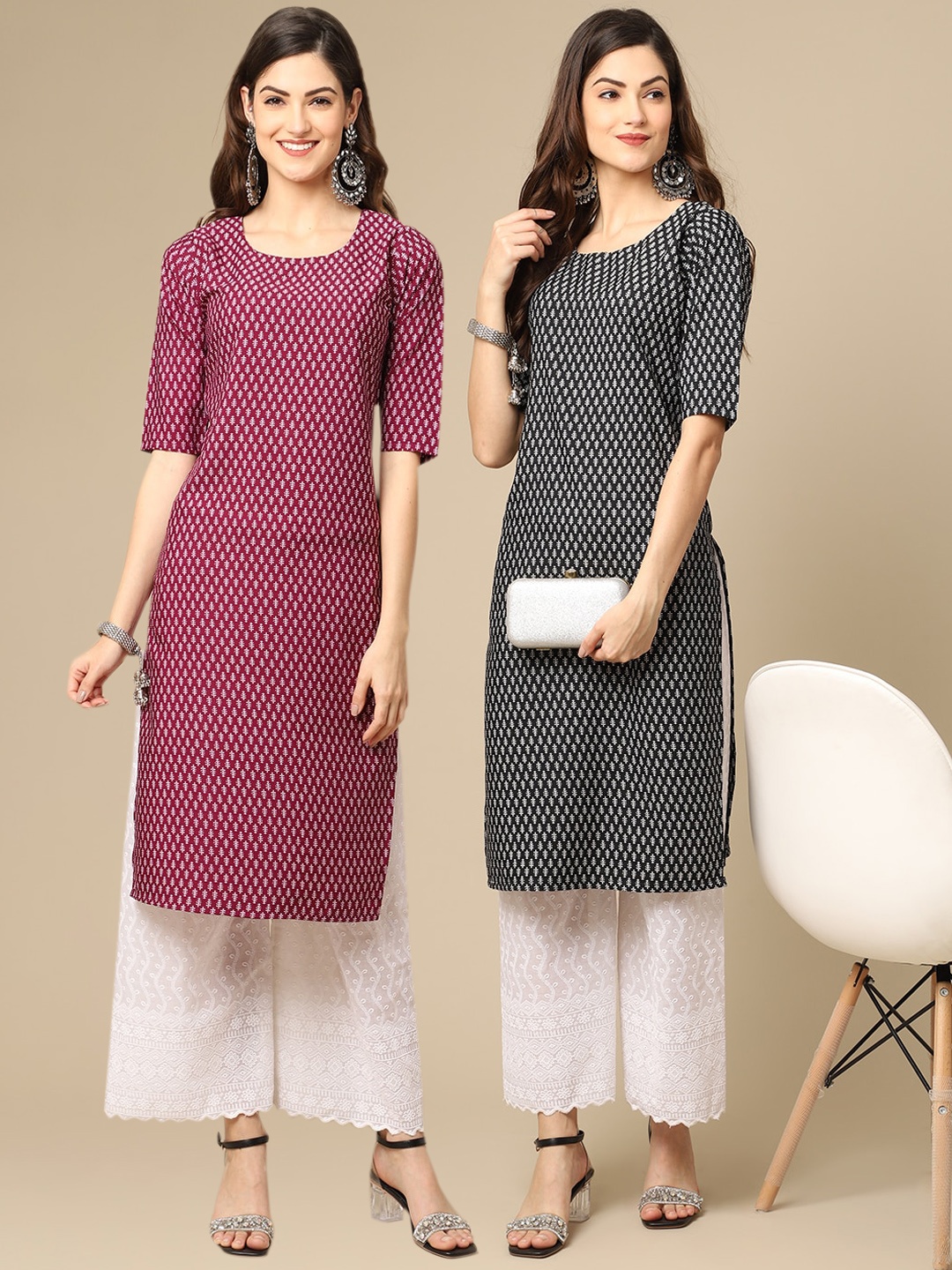 

7Threads Women Pack of 2 Pink & Black Digital Printed Crepe Straight Kurtas