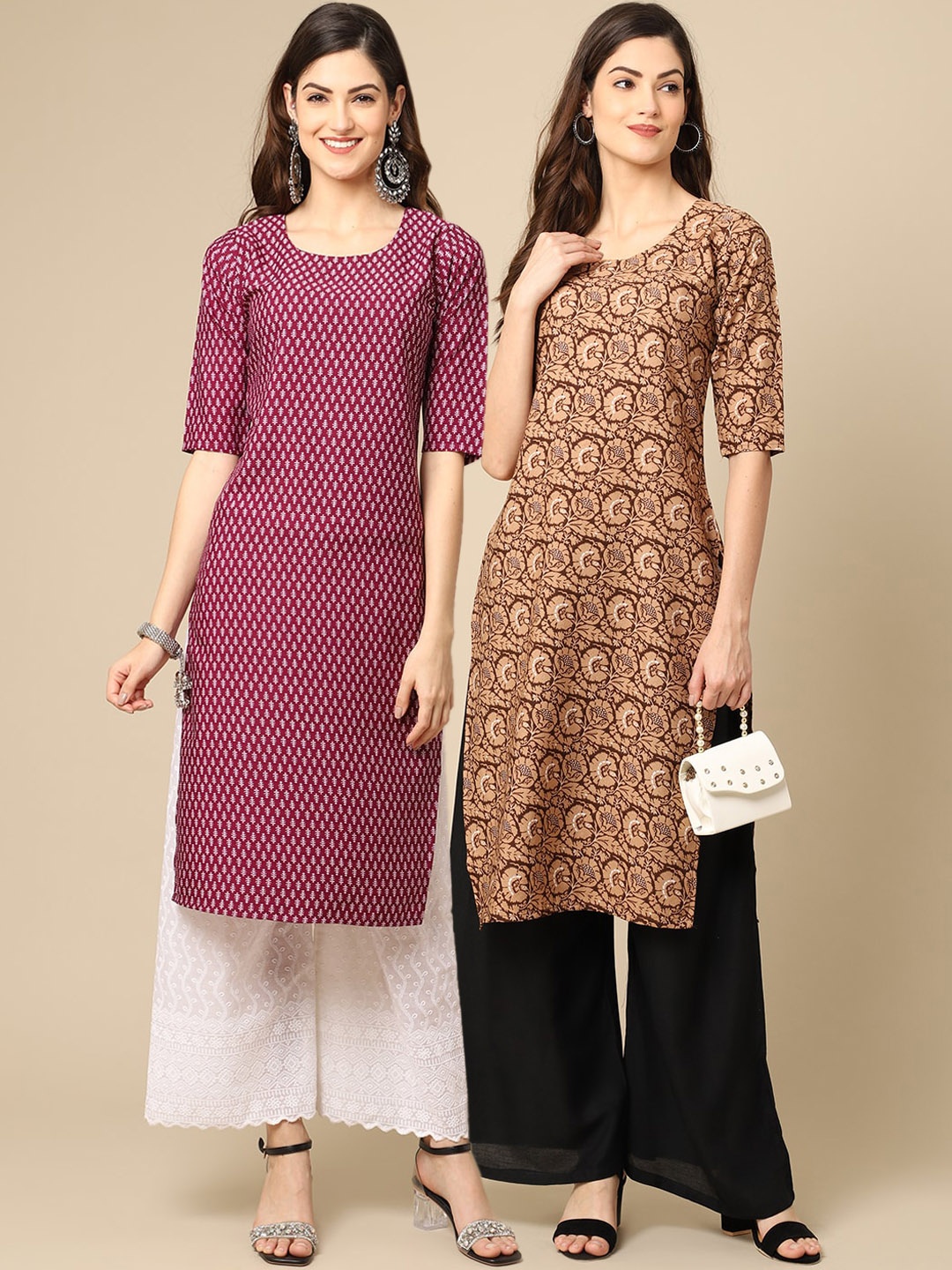 7Threads Women Pack of 2 Ethnic Motifs Printed Crepe Kurta, Pink
