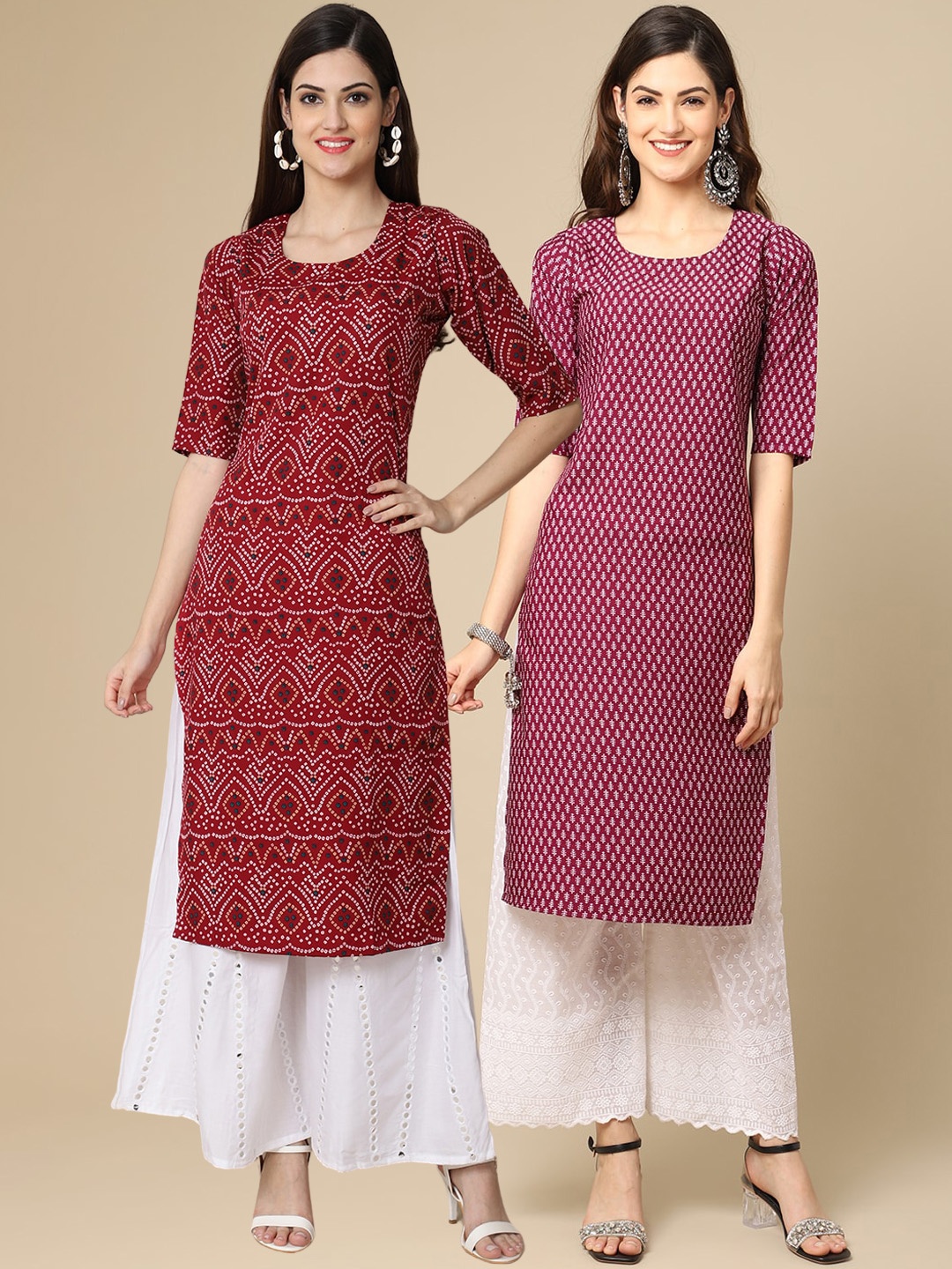 

7Threads Women Pack of 2 Red & Maroon Ethnic Motifs Printed Crepe Kurta